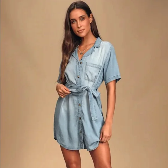 Lulus-It's A Tie Blue Chambray Belted Shirt Dress EUC - Picture 1 of 7